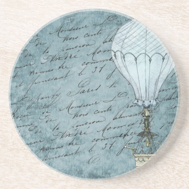 Posavasos De Arenisca Balón de aire caliente azul oscuro Steampunk Handw (Frente)