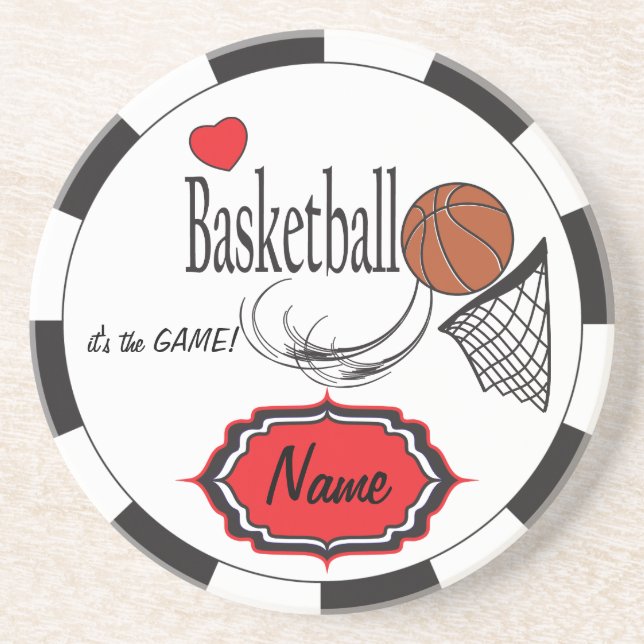 Posavasos De Arenisca Baloncesto de amor negro, blanco y rojo (Frente)