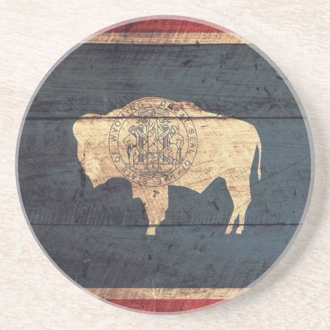Posavasos De Arenisca Bandera Wyoming de la Vieja Madera (Frente)
