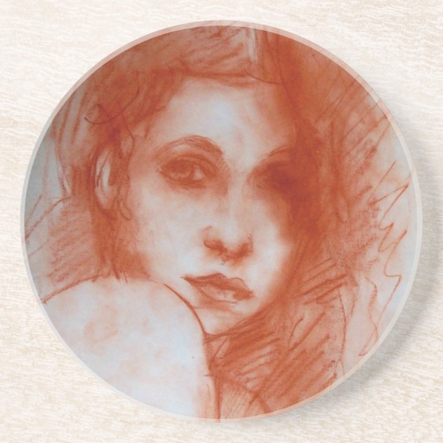 Posavasos De Arenisca BELLEZA ROMÁNTICA / Retrato femenino en Sepia Brow (Frente)