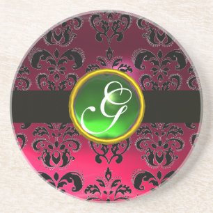 Posavasos De Arenisca BLACK AND PINK DAMASK  Green Emerald Monogram