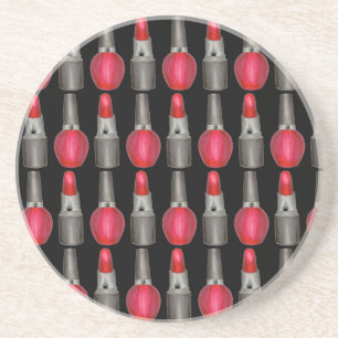 Posavasos De Arenisca Black Red Fashionista Lipstick Nail Maquillaje Pol