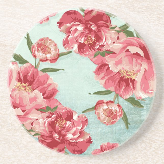 Posavasos De Arenisca Bonito Flor Retro Chintz Peonies Personalizados (Frente)