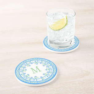 Posavasos De Arenisca Borde redondo floral verde azul bonito