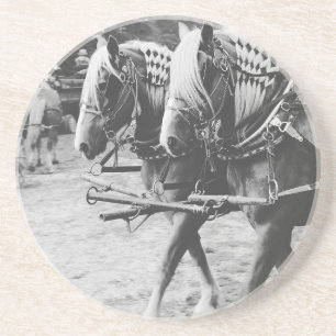 Posavasos De Arenisca Borrador de caballos de trabajo en blanco y negro