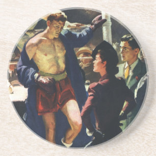 Posavasos De Arenisca Boxeo Deportivo Vintage, Boxeador Saliendo del Rin