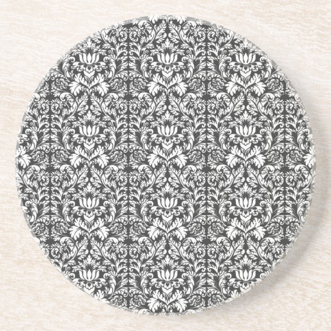 Posavasos De Arenisca Brocade Lace de Damasco Blanco Negro (Frente)