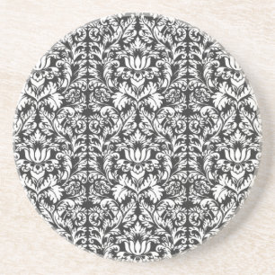 Posavasos De Arenisca Brocado de encaje damasco vintage en blanco y negr