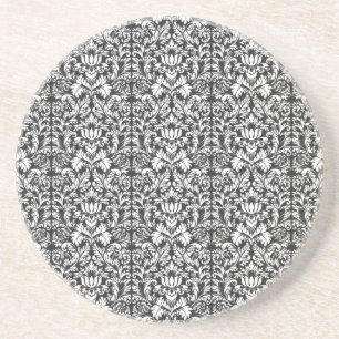 Posavasos De Arenisca Brocado de encaje damasco vintage en blanco y negr