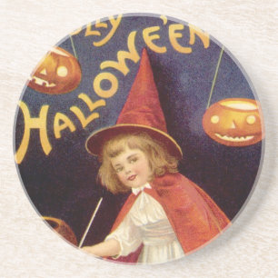 Posavasos De Arenisca Bruja Vintage Alegre de Halloween por Ellen Clapsa