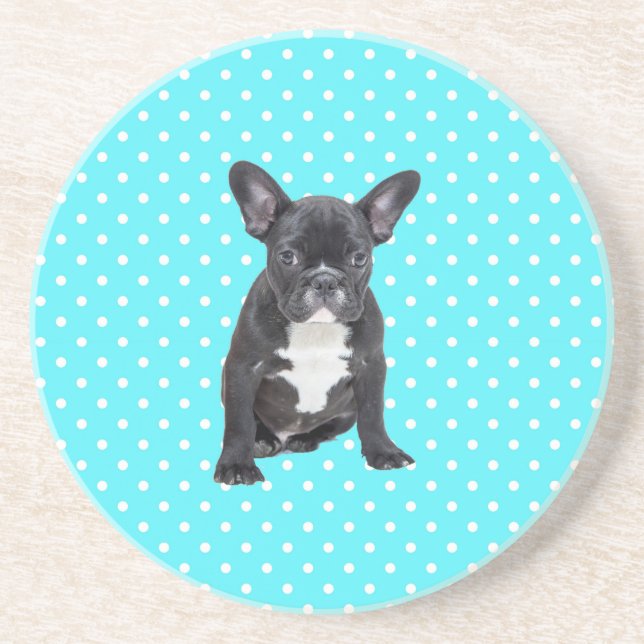 Posavasos De Arenisca Bulldog francés lindo con puntos de polka azul (Frente)
