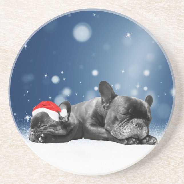 Posavasos De Arenisca Bulldog francés navidades Cachorros nieve sombrero (Frente)