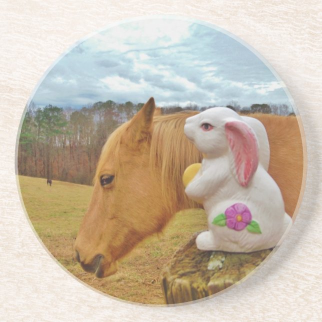 Posavasos De Arenisca Caballo amarillo, conejo de primavera (Frente)