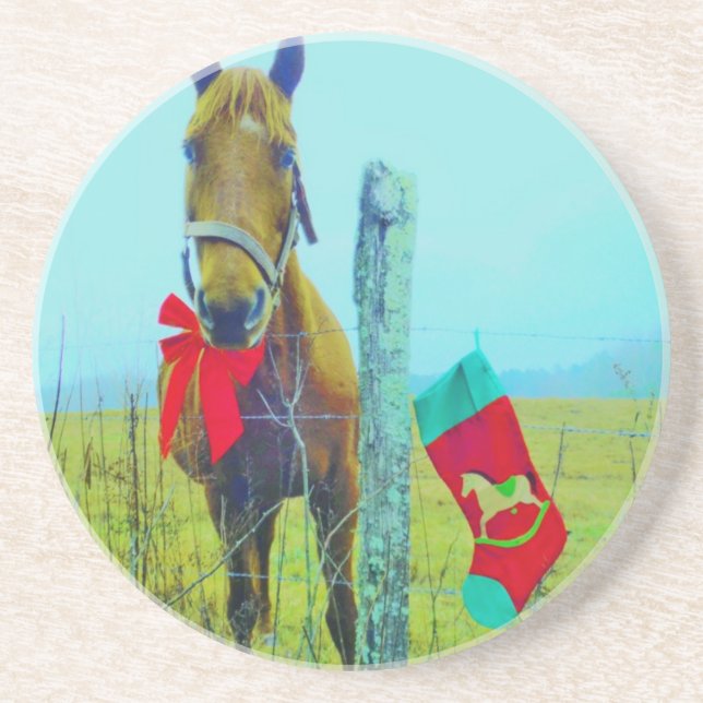 Posavasos De Arenisca Caballo de Navidades marrones (Frente)