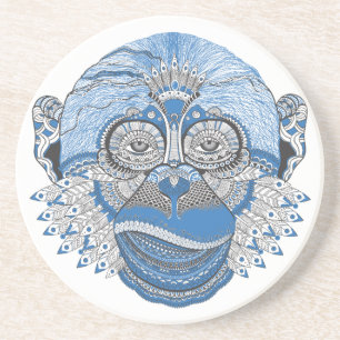 Posavasos De Arenisca Cara azul del mono con el modelo y las plumas