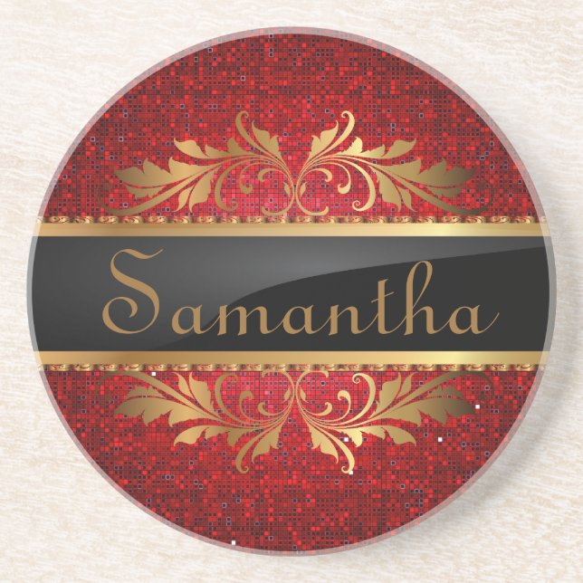 Posavasos De Arenisca Catastro de Purpurina Rojo Secuencia Disco Glitz (Frente)