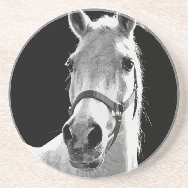 Posavasos De Arenisca Cerco del caballo blanco negro en la noche (Frente)