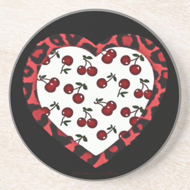 Posavasos De Arenisca Cerezas de Rockabilly RAB Estampado de Corazón Leo (Frente)