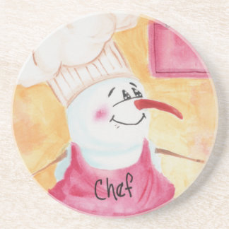 Posavasos De Arenisca Chef de Snowman en la montaña rusa Gorra de Apron 