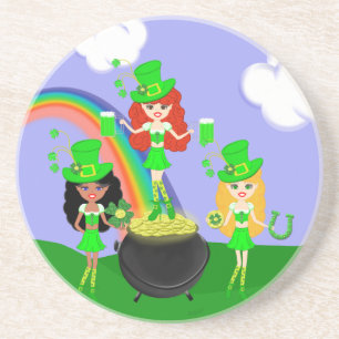 Posavasos De Arenisca Chica Leprechauns Arcoiris y Oro Oro