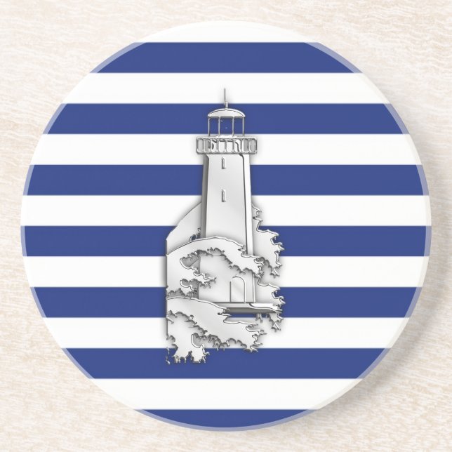 Posavasos De Arenisca Chrome Like Lighthouse on Nautical Stripes (Frente)
