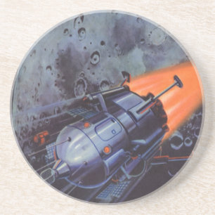 Posavasos De Arenisca Ciencia ficción vintage, cohete lunar despegando