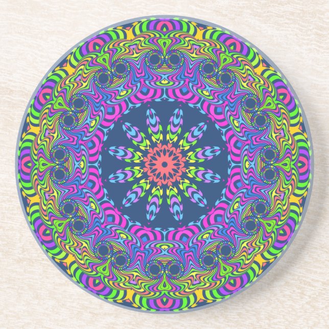 Posavasos De Arenisca Clock Mandala - neon 2 (Frente)