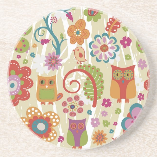 Posavasos De Arenisca Color floral y búho (Frente)