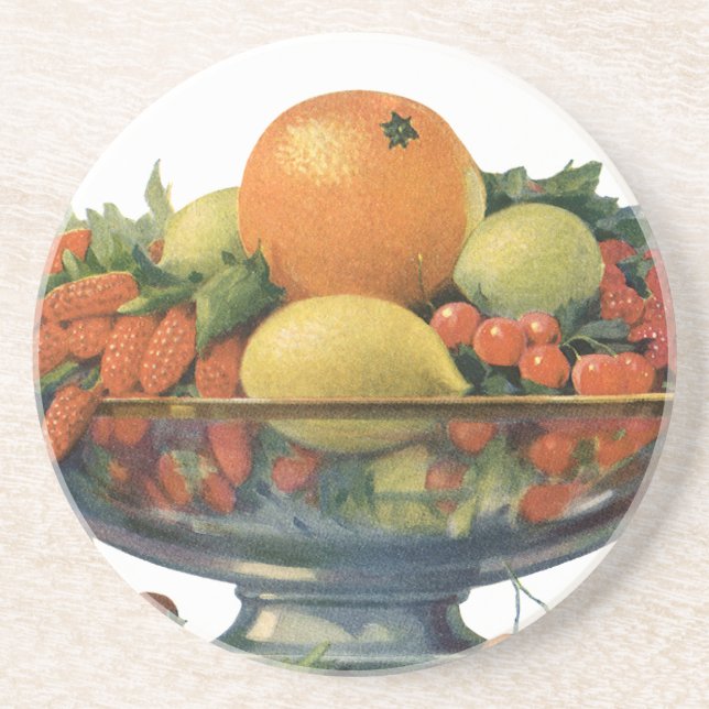 Posavasos De Arenisca Comida de época, fruta divertida en un bol (Frente)