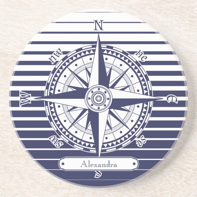 Posavasos De Arenisca Compass Rosa Blue Stripes (Frente)