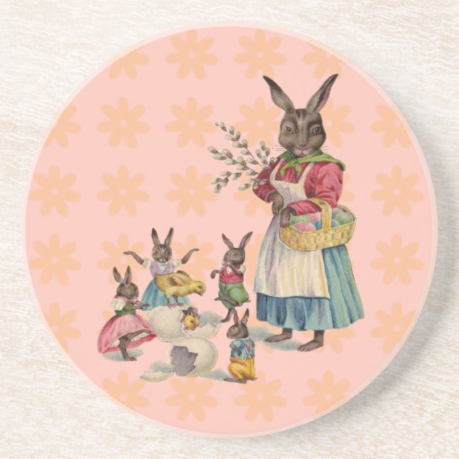 Posavasos De Arenisca Conejo de Pascua Pollitos Conejos Huevos (Frente)