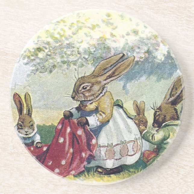 Posavasos De Arenisca Conejos de Picnicing (Frente)