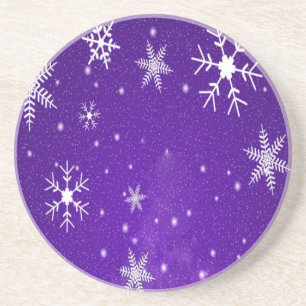 Posavasos De Arenisca Copos de nieve blancos con fondo azul-púrpura