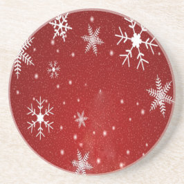 Posavasos De Arenisca Copos de nieve blancos con fondo rojo