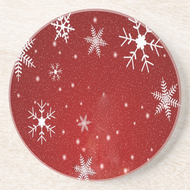 Posavasos De Arenisca Copos de nieve blancos con fondo rojo (Frente)