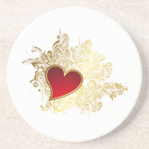Posavasos De Arenisca Corazón Rojo sobre Filigree de Oro