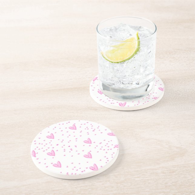 Posavasos De Arenisca Corazones rosados en blanco (Lado)
