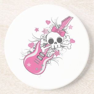 Posavasos De Arenisca Cráneo lindo con guitarra rosa