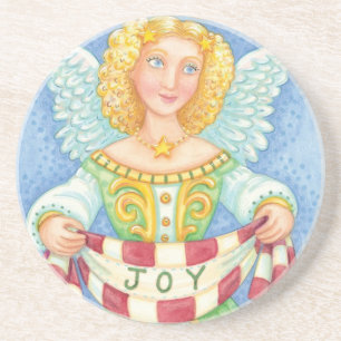 Posavasos De Arenisca Cute Cartoon Ángel de Navidad Halo con Banner de A