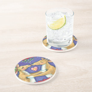 Posavasos De Arenisca Cute Reno de Navidad, Beso Romántico con Muérdago