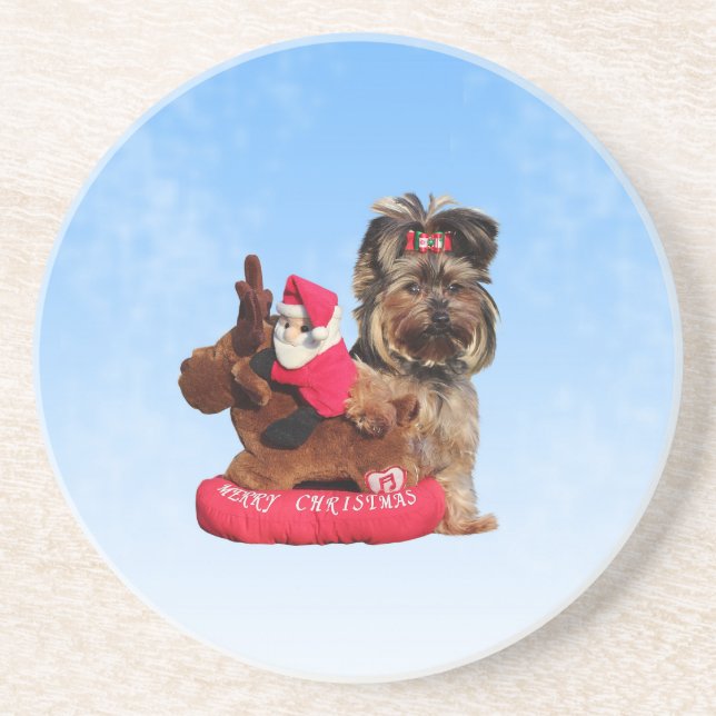Posavasos De Arenisca Cute Yorkshire Terrier Merry Christmas (Frente)
