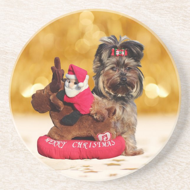 Posavasos De Arenisca Cute Yorkshire Terrier Merry Christmas (Frente)