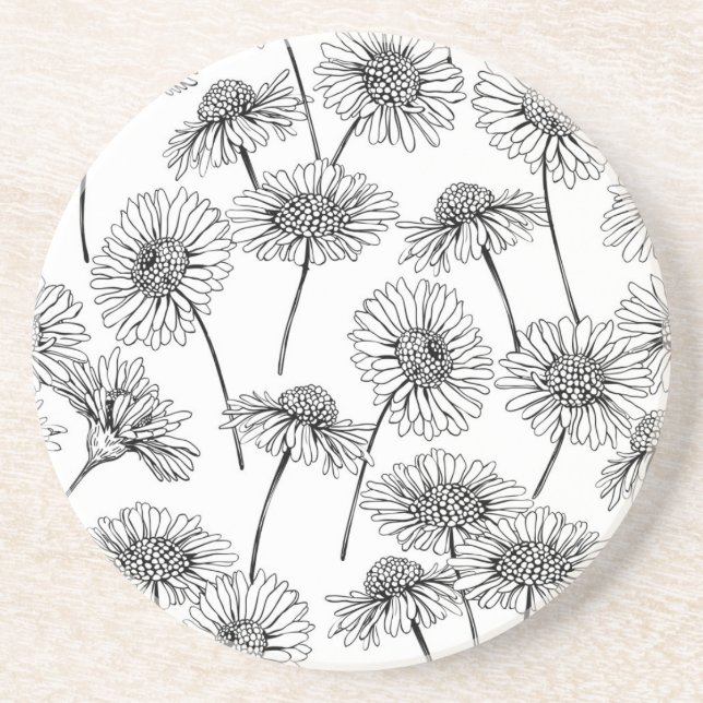 Posavasos De Arenisca Daisies, flores silvestres en blanco y negro (Frente)