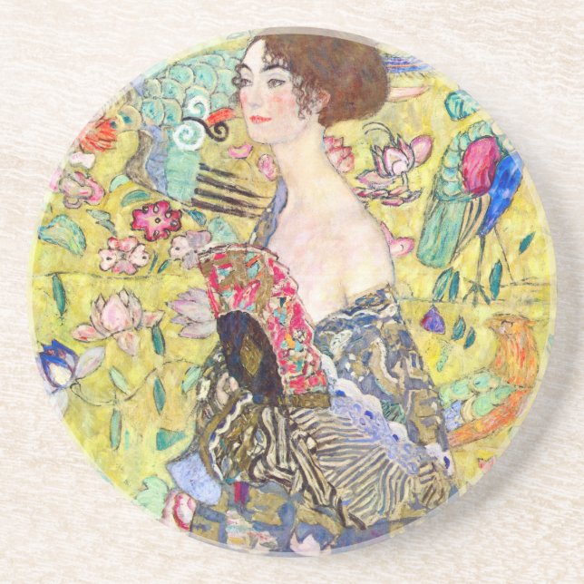 Posavasos De Arenisca Dama con admirador de Gustav Klimt, japonés vintag (Frente)