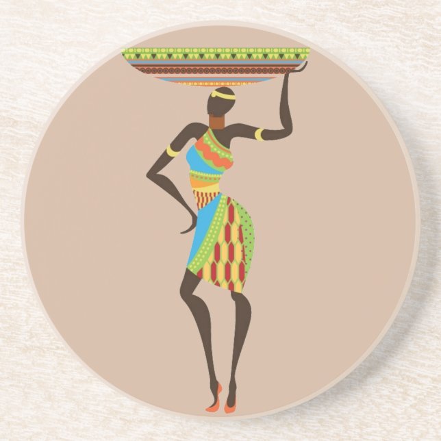 Posavasos De Arenisca Dama Tribal Africana con arte tribal de cuna (Frente)