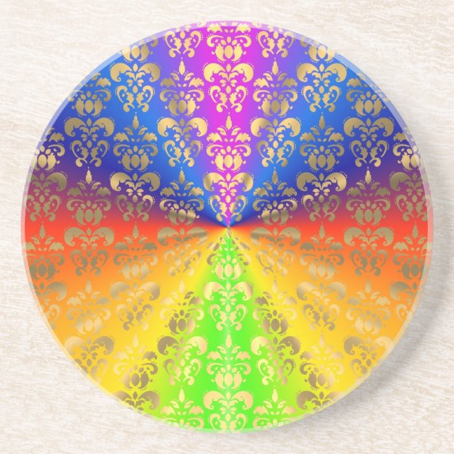 Posavasos De Arenisca Damasco de arco iris dorado (Frente)
