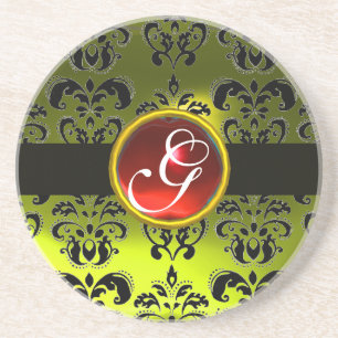 Posavasos De Arenisca DAMASCO NEGRO Y AMARILLO Monograma Rubí Rojo