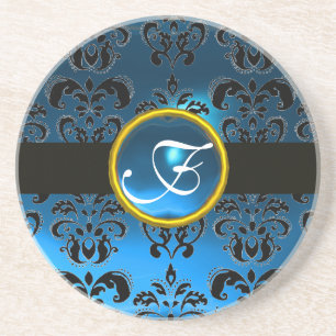 Posavasos De Arenisca DAMASCO Negro y Azul Monograma Zafiro