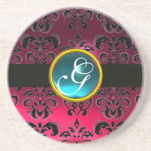Posavasos De Arenisca DAMASCO NEGRO Y ROSA Monograma de Aquamarina Azul