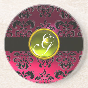 Posavasos De Arenisca DAMASCO NEGRO Y ROSA Topacio Amarillo Monograma